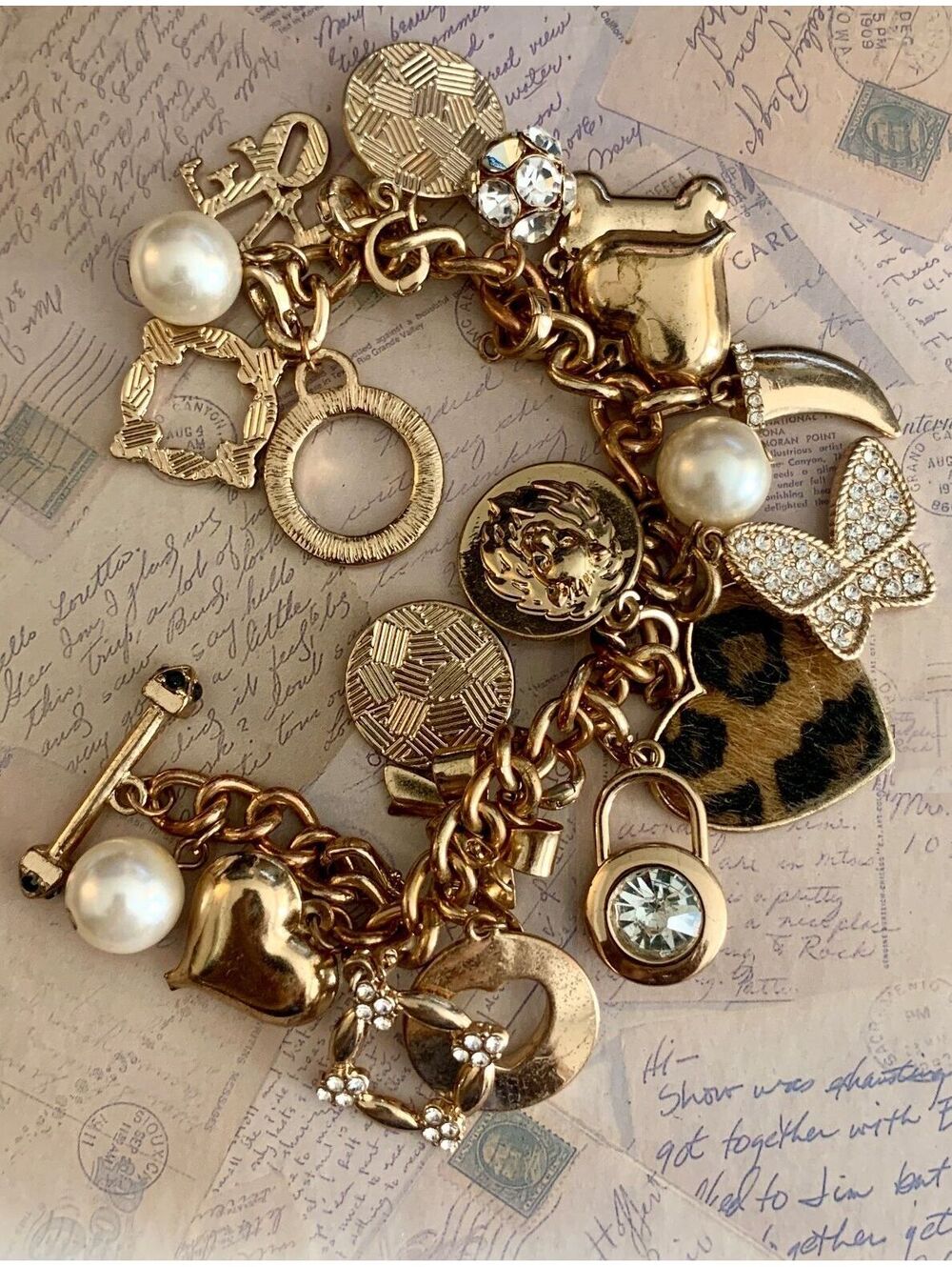 Vintage Charm Bracelet Mixed Charms Chaton Crystals